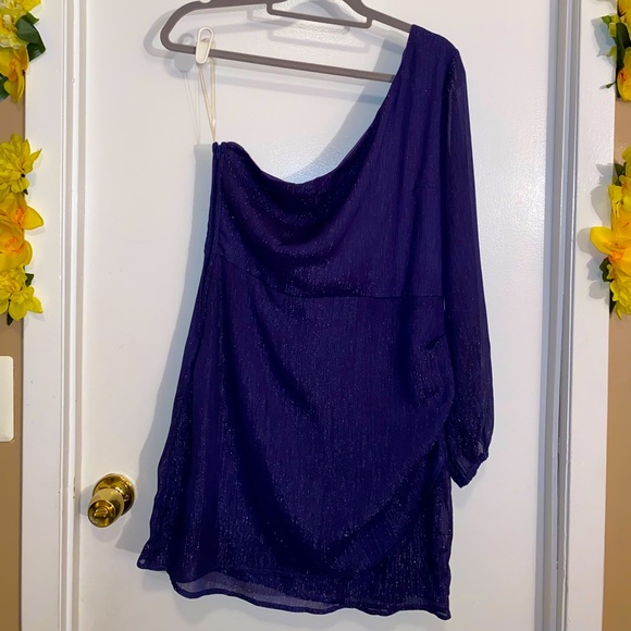 NWT- Charlotte Russe Indigo/Silver One-Shoulder Long Sleeved Dress Size Large - Picture 5 of 8